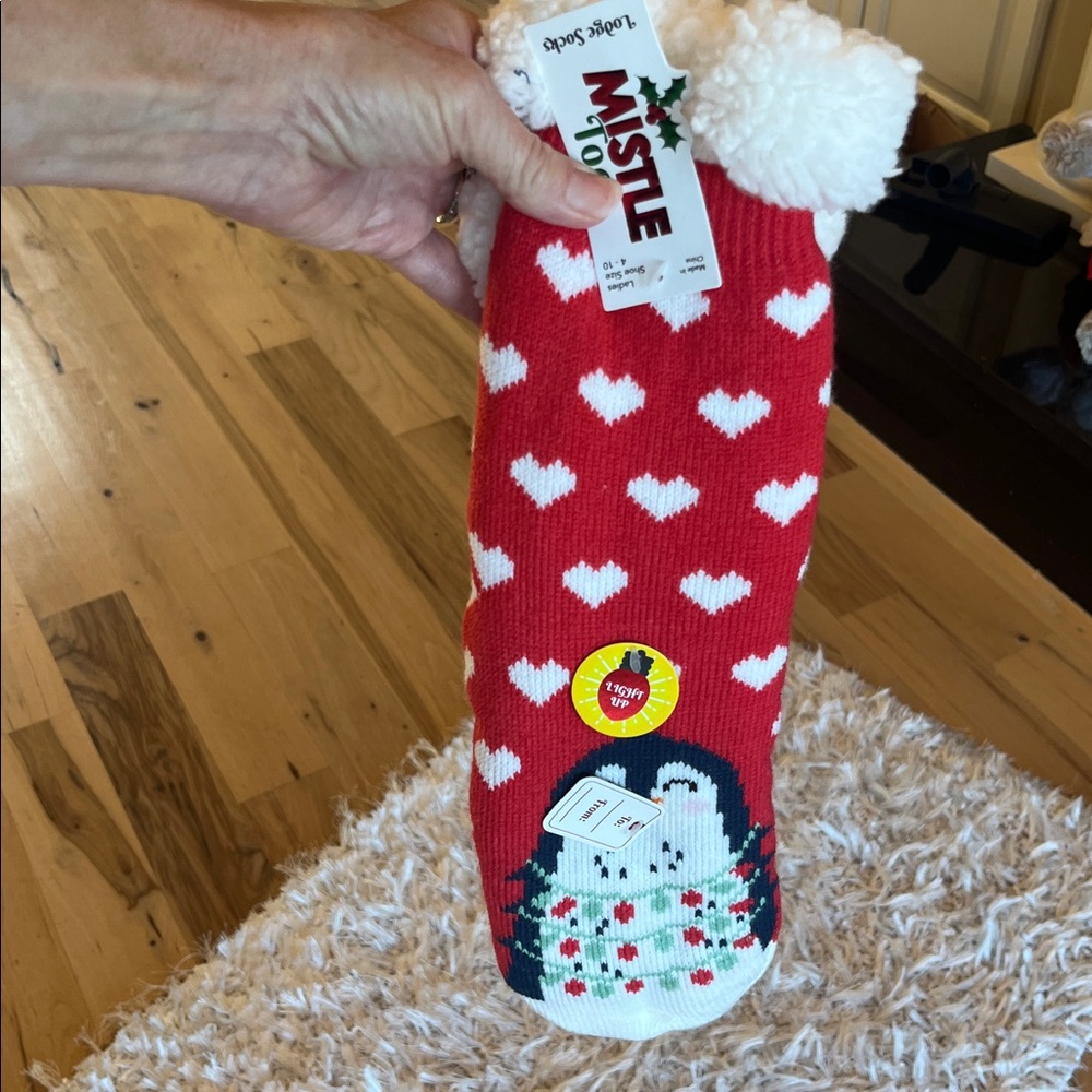 Mistle Toes Christmas socks Sherpa Lined Red Hearts Penguin One sock lights up